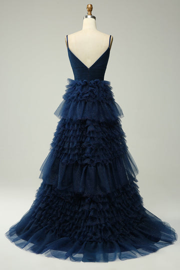A Line Spaghetti Straps Navy Long Ball Dress with Ruffles